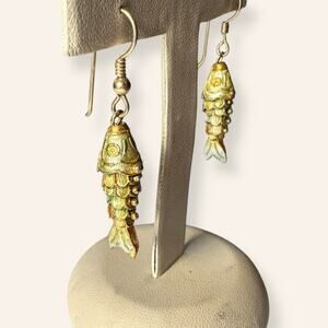 Articulated Cloisonné Fish Earrings Gold Tone Enamel Dangle
